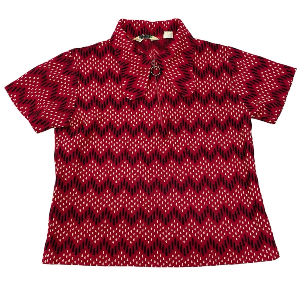 VINTAGE 60s 70s Red Japanese Knit O-Ring Zip Geometric Mod Beagle Collar Shirt